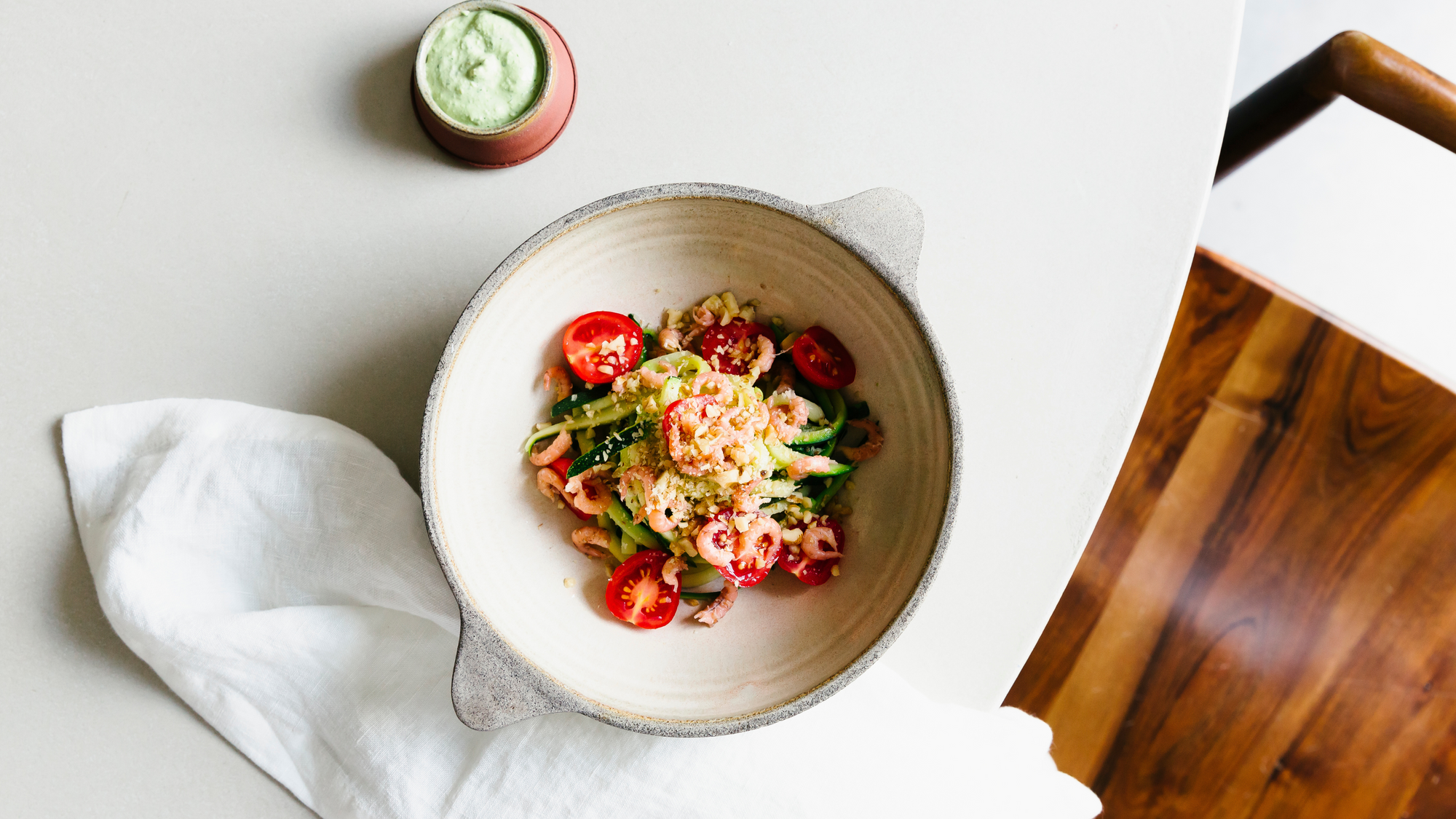 cooking with shakes: zucchini pasta with basil sauce and shrimp from Eric's kitchen.