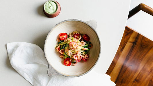 Cooking with shakes: zucchini pasta with basil sauce and shrimp from Eric's kitchen.